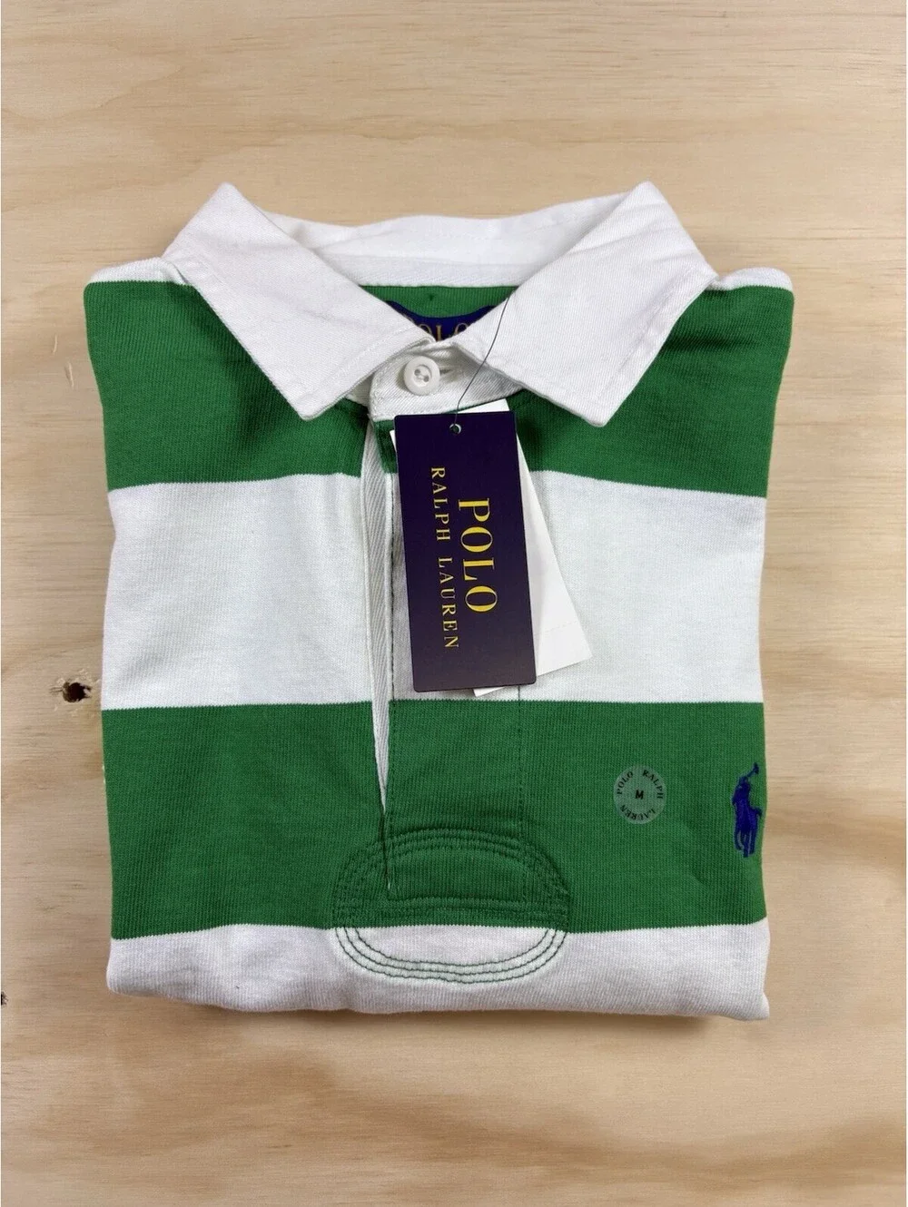 NWT Polo Ralph Lauren Rugby Shirt Men’s Medium Green White Stripe Classic Fit